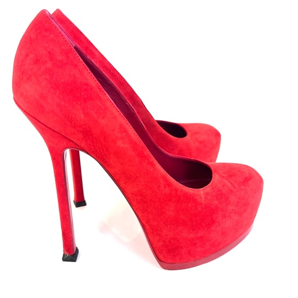 Saint Laurent Red Suede Tribute Two Platform Pumps - Picture 6 of 8
